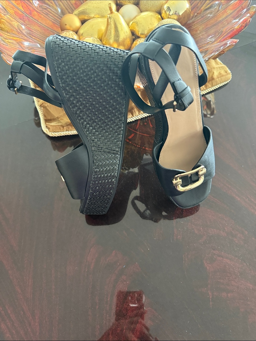 Aldo Black Wedge Sandals with Gold Hardware